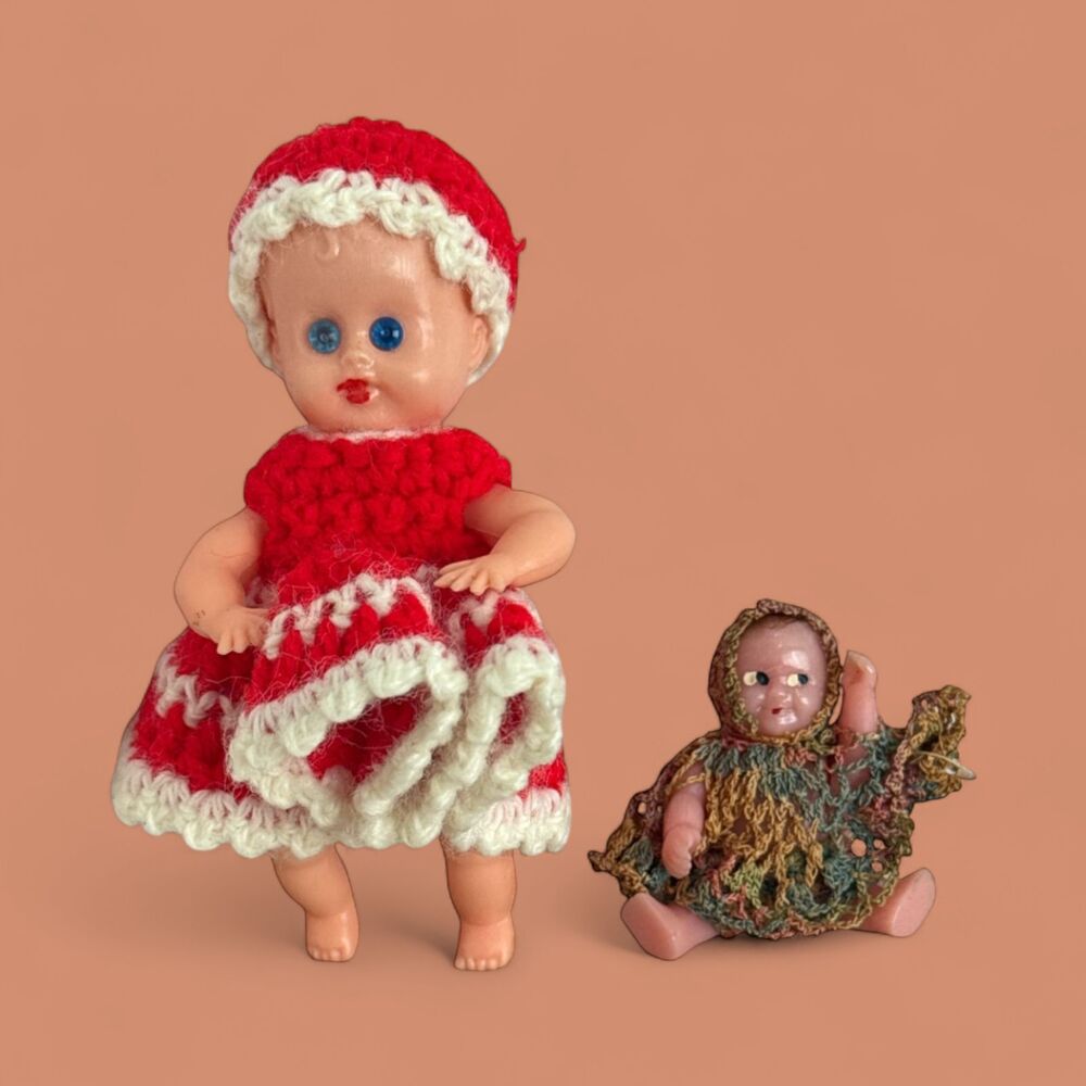 Lot of 2 Vintage Mini Dolls – 3.5" & 2" – Crochet Outfits – Red Dress Baby